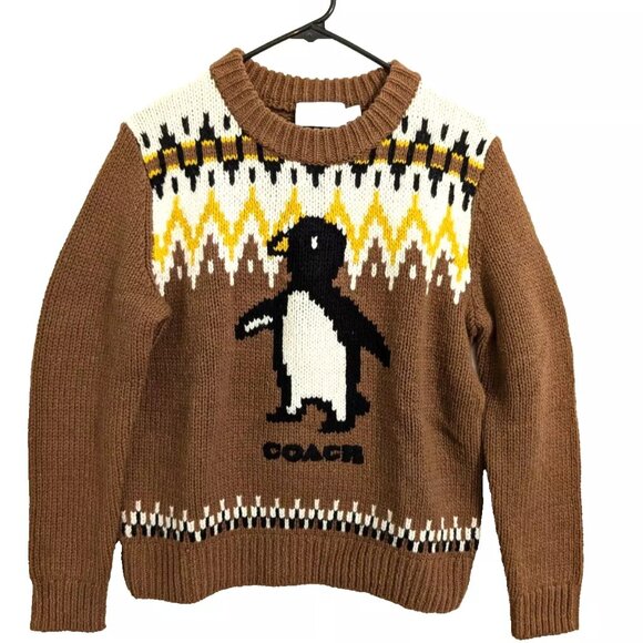 Coach Sweaters - Coach penguin sweater womens  100% wool brown yellow fair isle intarsia ski